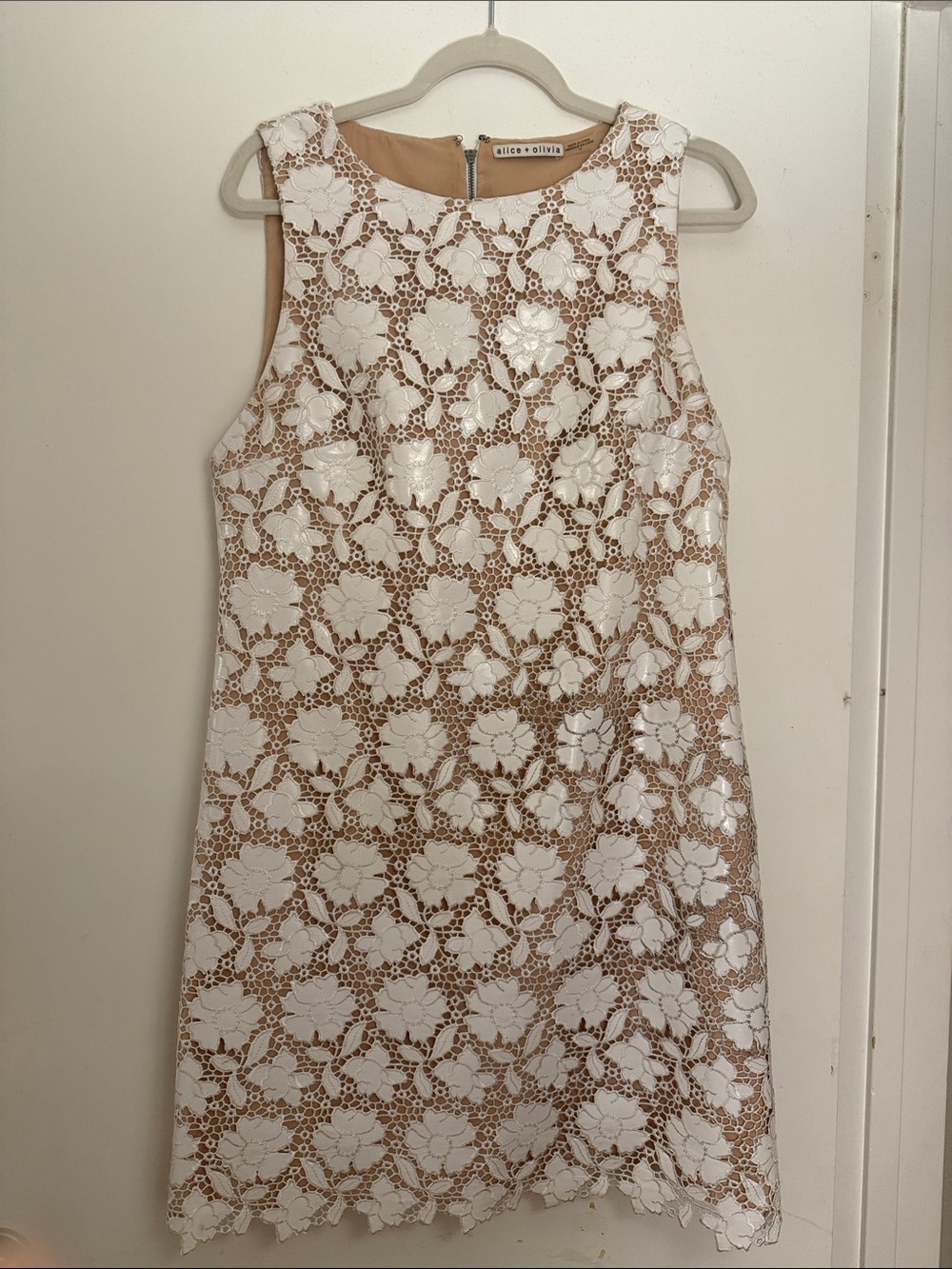 Alice + Olivia White Floral Lace Mini Dress with Nude Lining